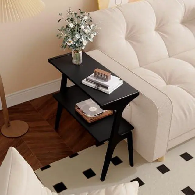 Alt view image 6 of 7 - Solid Wood End Table, 2-Tier Side Table with Storage Shelf, Wooden Modern Accent Slim Bedside Table for Sofa, Living Room, Bedroom, Small Space, Easy Assembly, Black