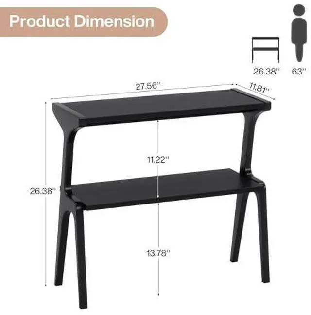 Alt view image 2 of 7 - Solid Wood End Table, 2-Tier Side Table with Storage Shelf, Wooden Modern Accent Slim Bedside Table for Sofa, Living Room, Bedroom, Small Space, Easy Assembly, Black