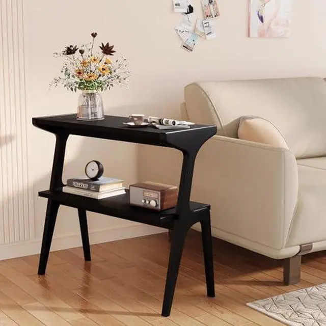 Main image of Solid Wood End Table, 2-Tier Side Table with Storage Shelf, Wooden Modern Accent Slim Bedside Table for Sofa, Living Room, Bedroom, Small Space, Easy Assembly, Black