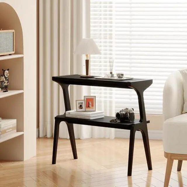 Alt view image 3 of 7 - Solid Wood End Table, 2-Tier Side Table with Storage Shelf, Wooden Modern Accent Slim Bedside Table for Sofa, Living Room, Bedroom, Small Space, Easy Assembly, Black