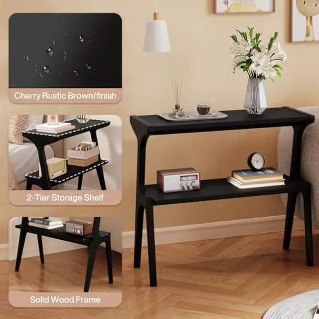 Alt view image 4 of 7 - Solid Wood End Table, 2-Tier Side Table with Storage Shelf, Wooden Modern Accent Slim Bedside Table for Sofa, Living Room, Bedroom, Small Space, Easy Assembly, Black