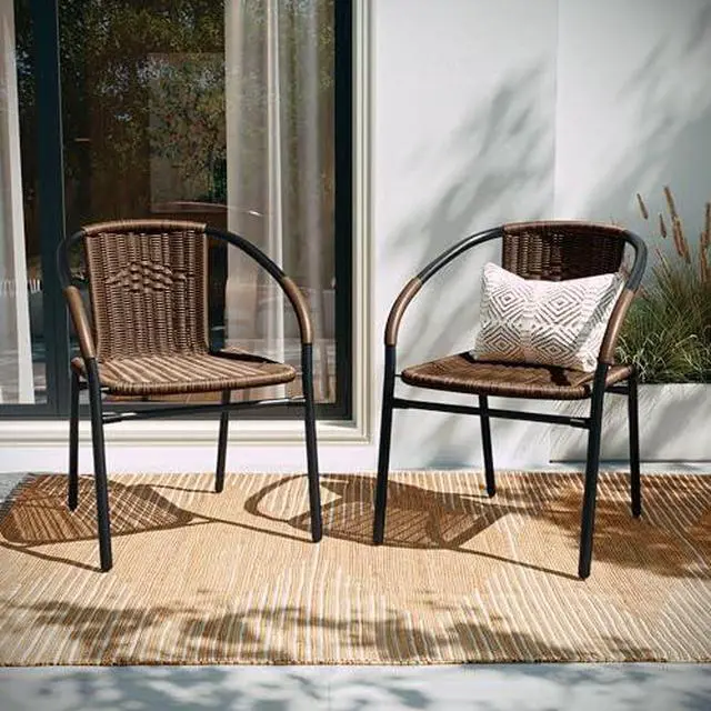 Main image of EMMA + OLIVER Set of 2 Modern Rattan Indoor/Outdoor Stack Chairs, Stacking Rattan Patio Chairs with Curved Back and Cross Bracing, Brown