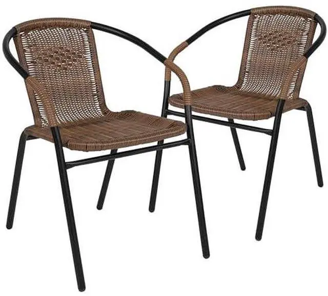 Alt view image 3 of 7 - EMMA + OLIVER Set of 2 Modern Rattan Indoor/Outdoor Stack Chairs, Stacking Rattan Patio Chairs with Curved Back and Cross Bracing, Brown