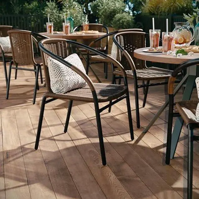 Alt view image 4 of 7 - EMMA + OLIVER Set of 2 Modern Rattan Indoor/Outdoor Stack Chairs, Stacking Rattan Patio Chairs with Curved Back and Cross Bracing, Brown