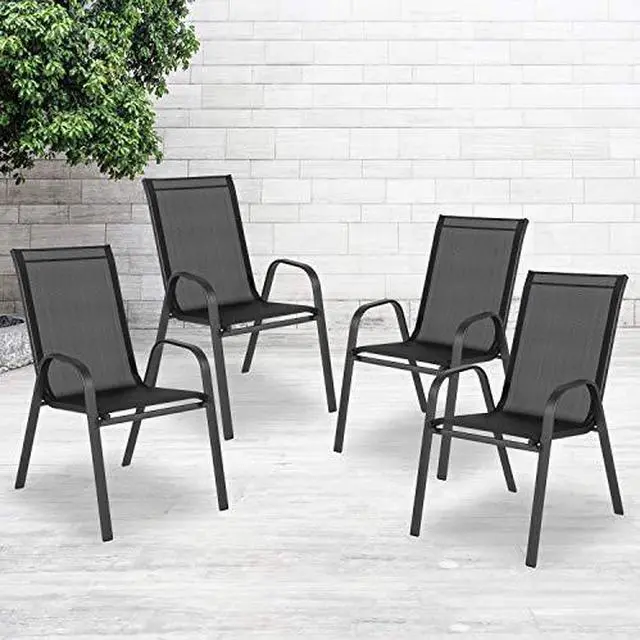 Main image of EMMA + OLIVER 4 Pack Black Outdoor Stack Chair with Flex Comfort Material - Patio Stack Chair