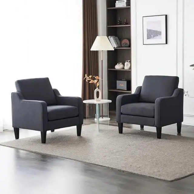 Main image of VINGLI Accent Chairs Set of 2 Living Room Chairs Dark Grey Reading Chair for Bedroom Scooped Arm Chair Mid Century Modern Linen Chairs Upholstered Comfy Chair for Apartment, Waiting Room