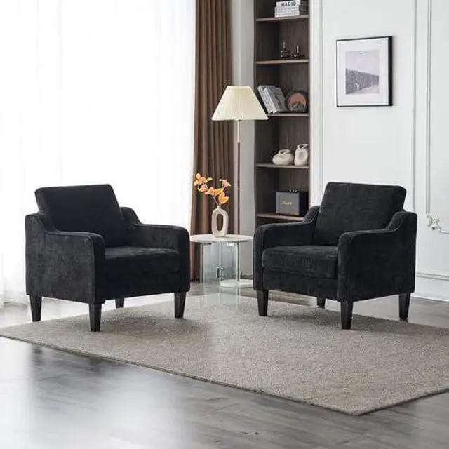 Alt view image 2 of 7 - VINGLI Living Room Chairs Set of 2, Black Accent Chair 5.5" Thick Seat Cushion Comfy Chair Soft Chenille Side Chair Upholstered Arm Chair for Bedroom, Play Room, Apartment, Office (Black)