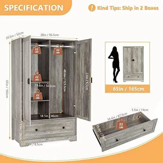Alt view image 2 of 7 - VINGLI Wide Armoire Wardrobe Closet with Hanging Rod, Adjustable Shelves and Drawer, Freestanding Wardrobe Closet with Doors, Bedroom Armoires and Wardrobes, Rustic Grey
