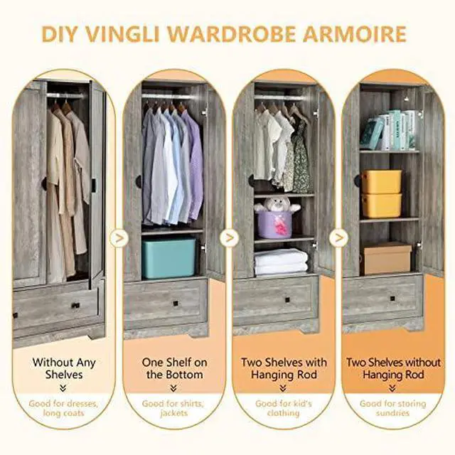 Alt view image 3 of 7 - VINGLI Wide Armoire Wardrobe Closet with Hanging Rod, Adjustable Shelves and Drawer, Freestanding Wardrobe Closet with Doors, Bedroom Armoires and Wardrobes, Rustic Grey