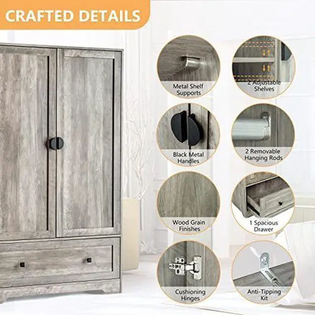 Alt view image 4 of 7 - VINGLI Wide Armoire Wardrobe Closet with Hanging Rod, Adjustable Shelves and Drawer, Freestanding Wardrobe Closet with Doors, Bedroom Armoires and Wardrobes, Rustic Grey