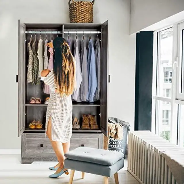 Alt view image 6 of 7 - VINGLI Wide Armoire Wardrobe Closet with Hanging Rod, Adjustable Shelves and Drawer, Freestanding Wardrobe Closet with Doors, Bedroom Armoires and Wardrobes, Rustic Grey