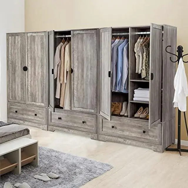 Alt view image 7 of 7 - VINGLI Wide Armoire Wardrobe Closet with Hanging Rod, Adjustable Shelves and Drawer, Freestanding Wardrobe Closet with Doors, Bedroom Armoires and Wardrobes, Rustic Grey