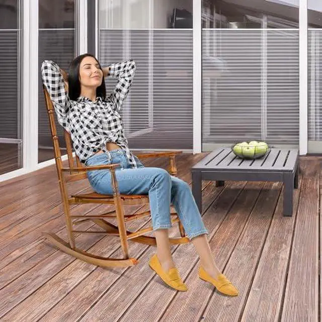 Alt view image 2 of 7 - VINGLI Wooden Rocking Chair, Outdoor Chair with 450 lbs Support, Relaxing Rocker with Solid Wood High Back Seat Reclining Seat for Deck, Garden, Backyard, Porch, Indoor or Outdoor Use (Teak, 2PCS)