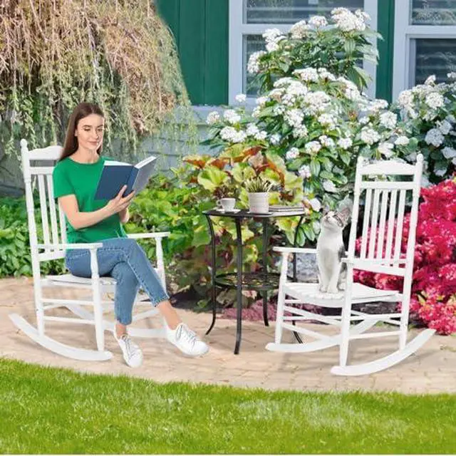 Alt view image 2 of 7 - VINGLI Wooden Rocking Chair, Outdoor Chair with 450 lbs Support, Relaxing Rocker with Solid Wood High Back Seat Reclining Seat for Deck, Garden, Backyard, Porch, Indoor or Outdoor Use (White, 2PCS)