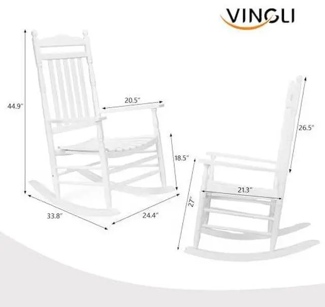 Alt view image 3 of 7 - VINGLI Wooden Rocking Chair, Outdoor Chair with 450 lbs Support, Relaxing Rocker with Solid Wood High Back Seat Reclining Seat for Deck, Garden, Backyard, Porch, Indoor or Outdoor Use (White, 2PCS)