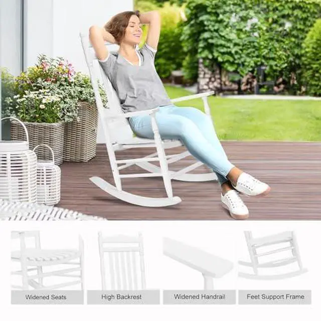Alt view image 5 of 7 - VINGLI Wooden Rocking Chair, Outdoor Chair with 450 lbs Support, Relaxing Rocker with Solid Wood High Back Seat Reclining Seat for Deck, Garden, Backyard, Porch, Indoor or Outdoor Use (White, 2PCS)