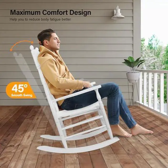 Alt view image 4 of 7 - VINGLI Wooden Rocking Chair, Outdoor Chair with 450 lbs Support, Relaxing Rocker with Solid Wood High Back Seat Reclining Seat for Deck, Garden, Backyard, Porch, Indoor or Outdoor Use (White, 2PCS)