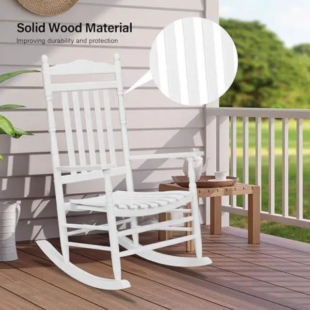 Alt view image 6 of 7 - VINGLI Wooden Rocking Chair, Outdoor Chair with 450 lbs Support, Relaxing Rocker with Solid Wood High Back Seat Reclining Seat for Deck, Garden, Backyard, Porch, Indoor or Outdoor Use (White, 2PCS)