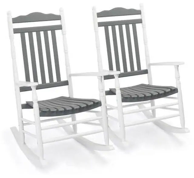 Main image of VINGLI Wooden Rocking Chair, Outdoor Chair with 450 lbs Support, Relaxing Rocker with Solid Wood High Back Seat Reclining Seat for Deck, Garden, Backyard, Porch (White & Grey, 2PCS)