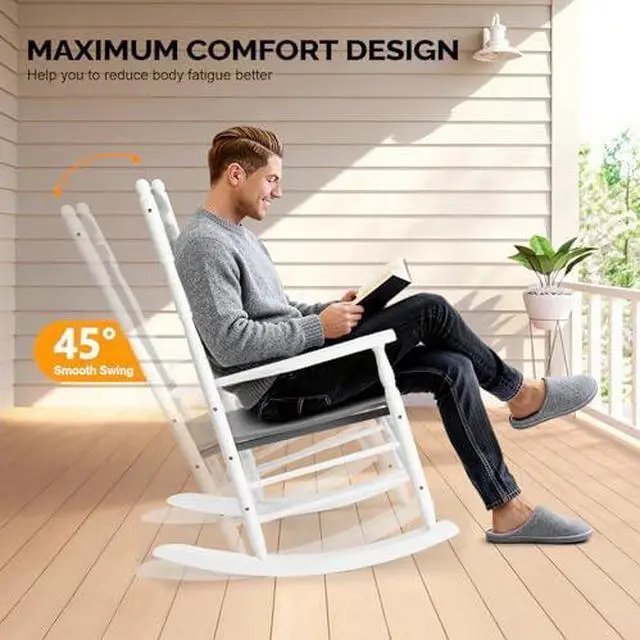 Alt view image 4 of 7 - VINGLI Wooden Rocking Chair, Outdoor Chair with 450 lbs Support, Relaxing Rocker with Solid Wood High Back Seat Reclining Seat for Deck, Garden, Backyard, Porch (White & Grey, 2PCS)