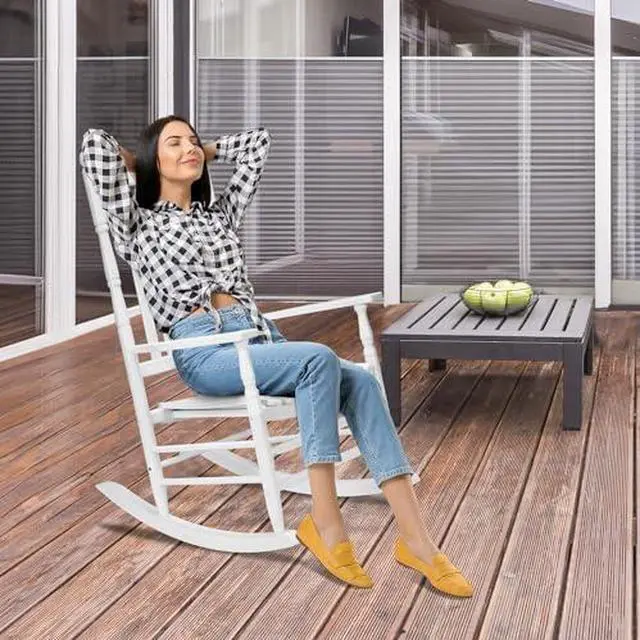 Alt view image 2 of 7 - VINGLI Wooden Rocking Chair, Outdoor Chair with 450 lbs Support (White, 1PC)