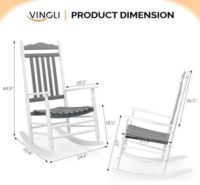 Alt view image 3 of 7 - VINGLI Wooden Rocking Chair, Outdoor Chair with 450 lbs Support, Relaxing Rocker with Solid Wood High Back Seat Reclining Seat for Deck, Garden, Backyard, Porch (White & Grey, 2PCS)