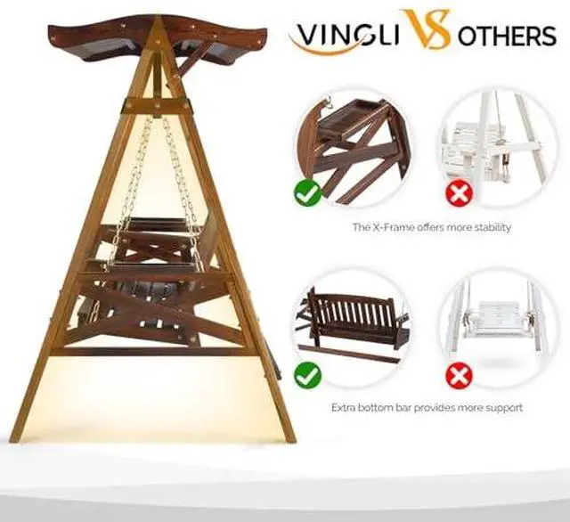 Alt view image 3 of 7 - VINGLI Porch Swing with Stand, Porch Swing with Canopy, Waterproof Patio Swing with Cup Holder, Outdoor Swing Set for Garden, Yard, Patio, Rustic