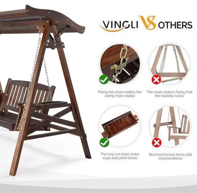 Alt view image 2 of 7 - VINGLI Porch Swing with Stand, Porch Swing with Canopy, Waterproof Patio Swing with Cup Holder, Outdoor Swing Set for Garden, Yard, Patio, Rustic