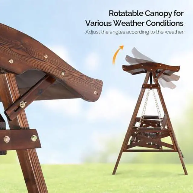 Alt view image 4 of 7 - VINGLI Porch Swing with Stand, Porch Swing with Canopy, Waterproof Patio Swing with Cup Holder, Outdoor Swing Set for Garden, Yard, Patio, Rustic