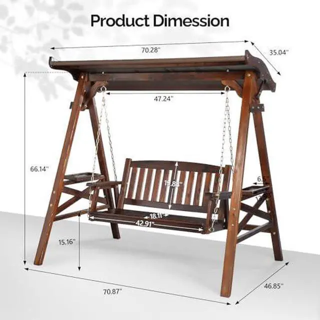 Alt view image 5 of 7 - VINGLI Porch Swing with Stand, Porch Swing with Canopy, Waterproof Patio Swing with Cup Holder, Outdoor Swing Set for Garden, Yard, Patio, Rustic