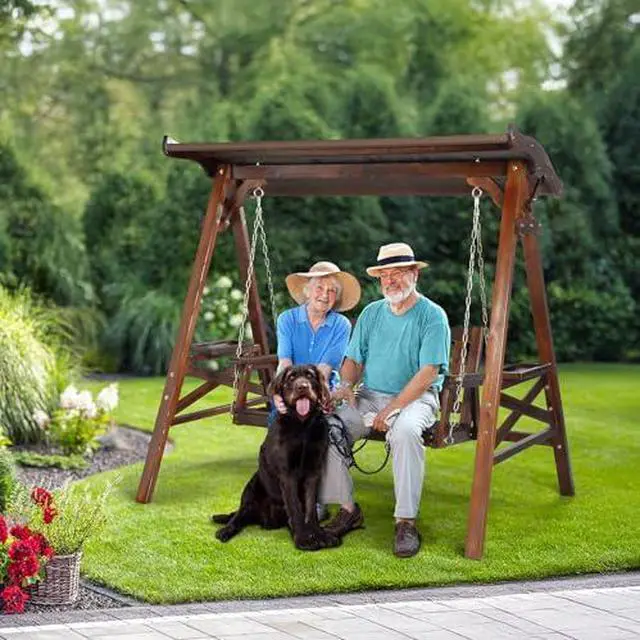 Alt view image 6 of 7 - VINGLI Porch Swing with Stand, Porch Swing with Canopy, Waterproof Patio Swing with Cup Holder, Outdoor Swing Set for Garden, Yard, Patio, Rustic
