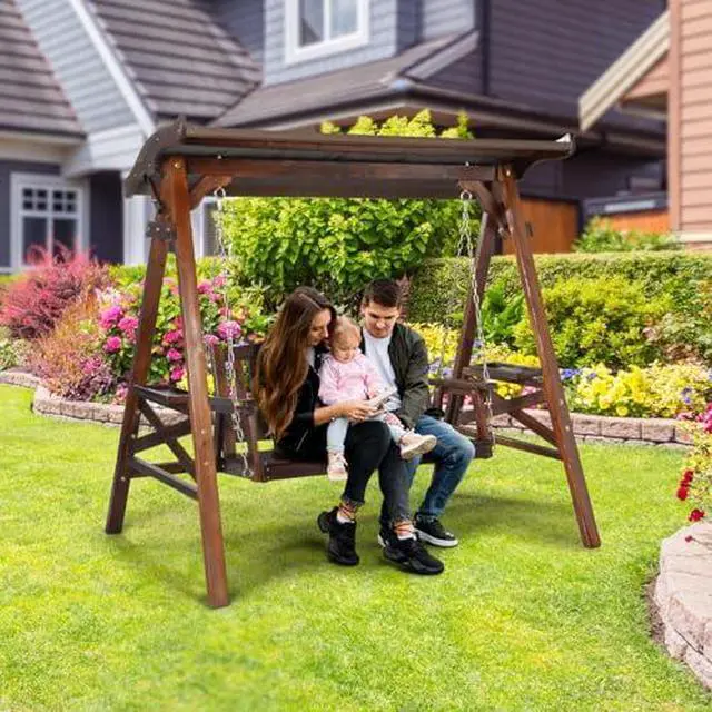 Alt view image 7 of 7 - VINGLI Porch Swing with Stand, Porch Swing with Canopy, Waterproof Patio Swing with Cup Holder, Outdoor Swing Set for Garden, Yard, Patio, Rustic