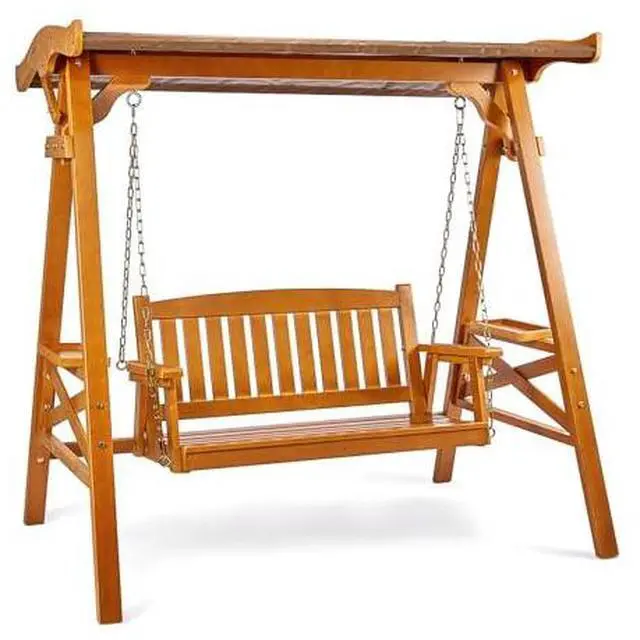 Main image of VINGLI Porch Swing with Stand, Porch Swing with Canopy, Waterproof Patio Swing with Cup Holder, Outdoor Swing Set for Garden, Yard, Patio, Teak