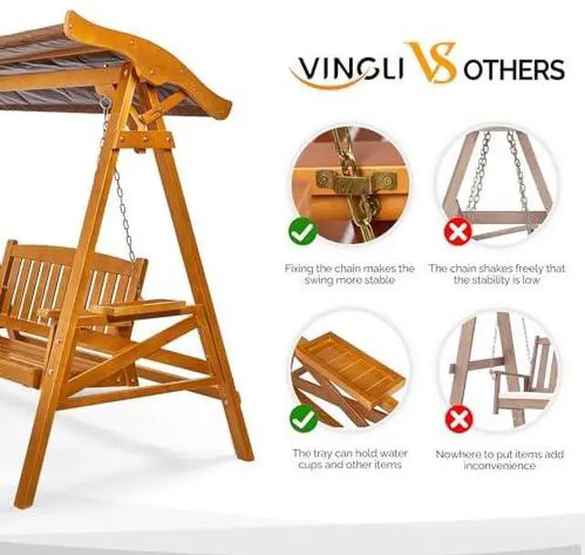 Alt view image 2 of 7 - VINGLI Porch Swing with Stand, Porch Swing with Canopy, Waterproof Patio Swing with Cup Holder, Outdoor Swing Set for Garden, Yard, Patio, Teak