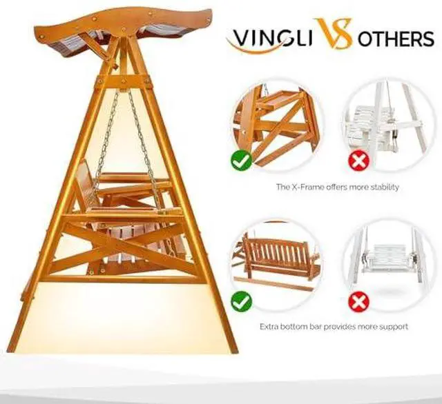 Alt view image 3 of 7 - VINGLI Porch Swing with Stand, Porch Swing with Canopy, Waterproof Patio Swing with Cup Holder, Outdoor Swing Set for Garden, Yard, Patio, Teak