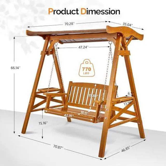 Alt view image 5 of 7 - VINGLI Porch Swing with Stand, Porch Swing with Canopy, Waterproof Patio Swing with Cup Holder, Outdoor Swing Set for Garden, Yard, Patio, Teak