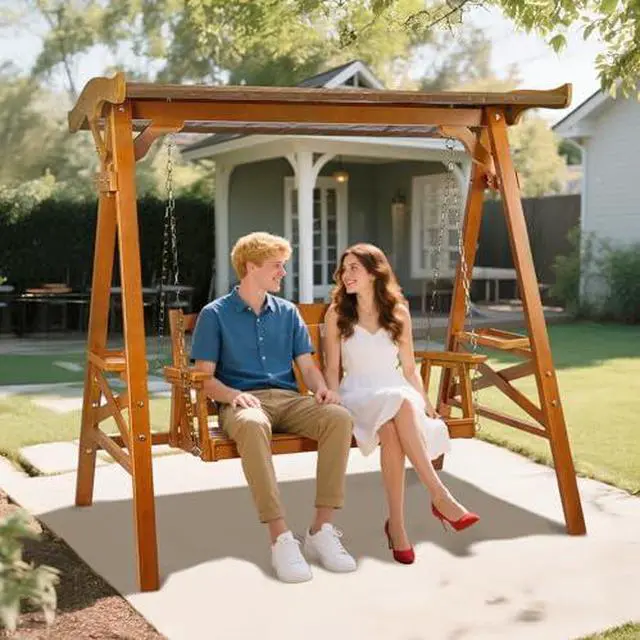 Alt view image 6 of 7 - VINGLI Porch Swing with Stand, Porch Swing with Canopy, Waterproof Patio Swing with Cup Holder, Outdoor Swing Set for Garden, Yard, Patio, Teak