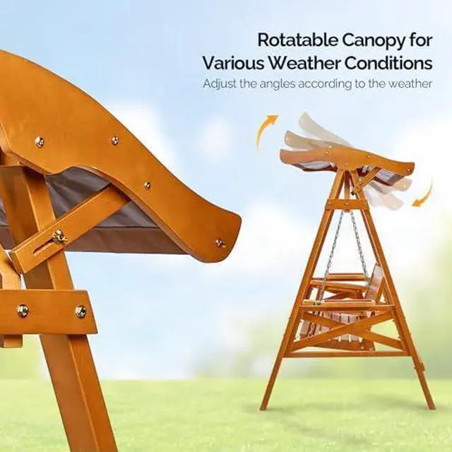 Alt view image 4 of 7 - VINGLI Porch Swing with Stand, Porch Swing with Canopy, Waterproof Patio Swing with Cup Holder, Outdoor Swing Set for Garden, Yard, Patio, Teak