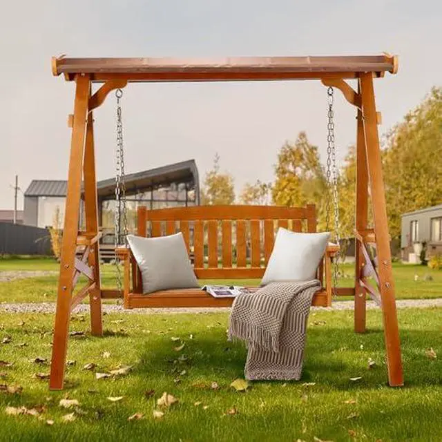 Alt view image 7 of 7 - VINGLI Porch Swing with Stand, Porch Swing with Canopy, Waterproof Patio Swing with Cup Holder, Outdoor Swing Set for Garden, Yard, Patio, Teak