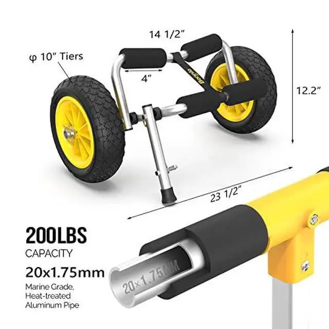 Alt view image 3 of 7 - Bonnlo Foldable Kayak Cart, Lightweight Aluminum Alloy Frame, Universal Dolly Cart with 10'' Durable Solid Tires for Canoes, Paddle Boards, Boats, Strong 1.75" Thick Prongs