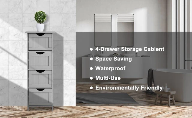 Alt view image 6 of 7 - Skinny Bathroom Floor Storage Cabinet, 12 Inch Wide Deep Small Storage Organizer with 4 Drawers, Wooden Modern Grey Thin Free Standing Tower Cabinet w/ 4 Cute Drawers for Bathroom, Living Room