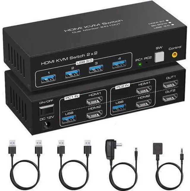 Main image of HDMI KVM Switch Monitors 2 Computers, 8K60HZ/4K120Hz KVM Switch Dual Monitors 2 Computers with 4 USB 3.0 Port, HDMI KVM Switch 2 Port Support Button and Remote Switch, 2 PC Sharing 4 USB Devices
