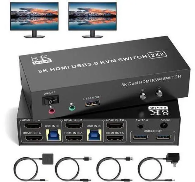 Main image of HDMI KVM Switch 2 Monitors 2 Computers Support 8K@60Hz 4K@60Hz, Dual Monitor KVM Switcher PC Extended Display for 2 Ports PC Share 4 USB 3.0 Keyboard Mouse Printer with Desktop Controller
