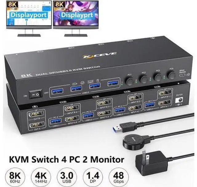 Main image of Displayport KVM Switch 4 Computer 2 Monitors, Dual Monitors Displayport USB 3.0 KVM Switcher, Supports 8K@30Hz 4K@60Hz for 4 DP Computers Share 2 DP Monitors, Keyboard and Mouse