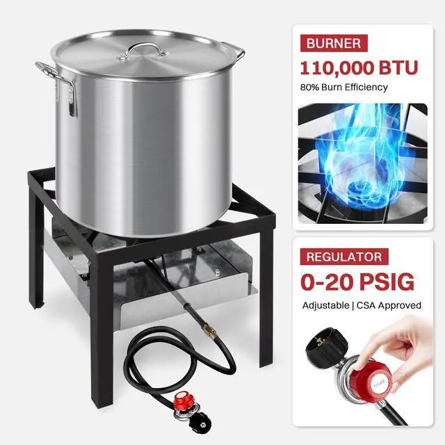 Alt view image 5 of 7 - 60QT Crawfish Boiler | Seafood Boiling Kit | Dustproof Cover & 12" Skimmer Included | 110,000BTU Propane Jet Burner | 0-20 PSI CSA Certified Regulator | Crab Boil Pot for Outdoor Backyard Cooking