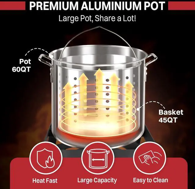 Alt view image 3 of 7 - 60QT Crawfish Boiler | Seafood Boiling Kit | Dustproof Cover & 12" Skimmer Included | 110,000BTU Propane Jet Burner | 0-20 PSI CSA Certified Regulator | Crab Boil Pot for Outdoor Backyard Cooking
