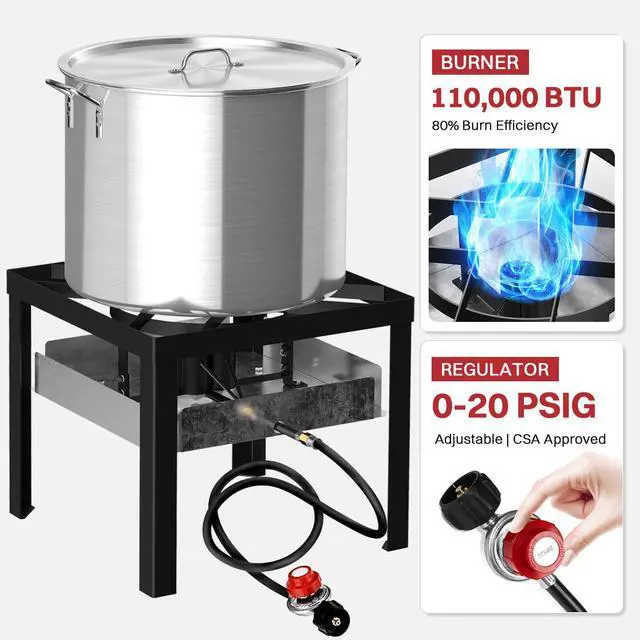 Alt view image 5 of 7 - 100QT Crawfish Boiler | Seafood Boiling Kit | Dustproof Cover & 16" Skimmer Included | 110,000BTU Propane Jet Burner | 0-20 PSI CSA Certified Regulator | Crab Boil Pot for Outdoor Backyard Cooking