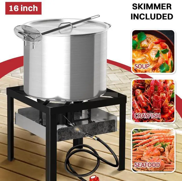 Alt view image 6 of 7 - 100QT Crawfish Boiler | Seafood Boiling Kit | Dustproof Cover & 16" Skimmer Included | 110,000BTU Propane Jet Burner | 0-20 PSI CSA Certified Regulator | Crab Boil Pot for Outdoor Backyard Cooking