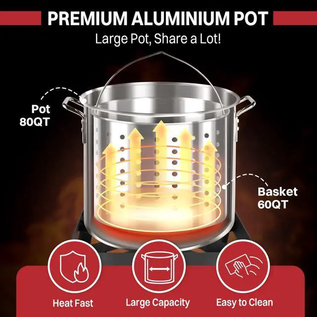 Alt view image 3 of 7 - 80QT Crawfish Boiler | Seafood Boiling Kit | Dustproof Cover & 16" Skimmer Included | 110,000BTU Propane Jet Burner | 0-20 PSI CSA Certified Regulator | Crab Boil Pot for Outdoor Backyard Cooking