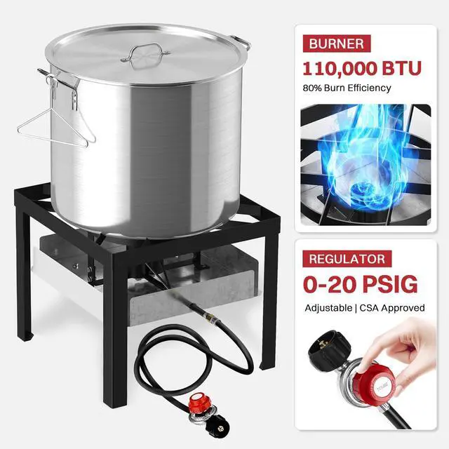 Alt view image 5 of 7 - 80QT Crawfish Boiler | Seafood Boiling Kit | Dustproof Cover & 16" Skimmer Included | 110,000BTU Propane Jet Burner | 0-20 PSI CSA Certified Regulator | Crab Boil Pot for Outdoor Backyard Cooking